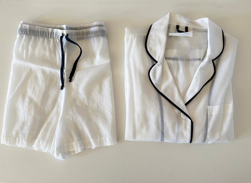 Tuxedo Stripe Pajama Short Set in White w/ Midnight