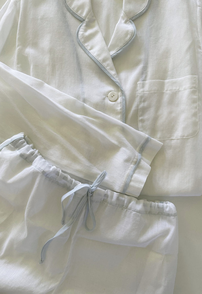 Tuxedo Stripe Pajama Short Set in White w/ Sky