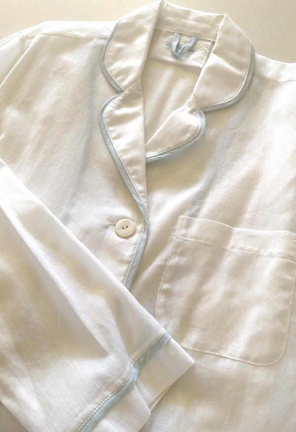 Tuxedo Stripe Pajama Short Set in White w/ Sky
